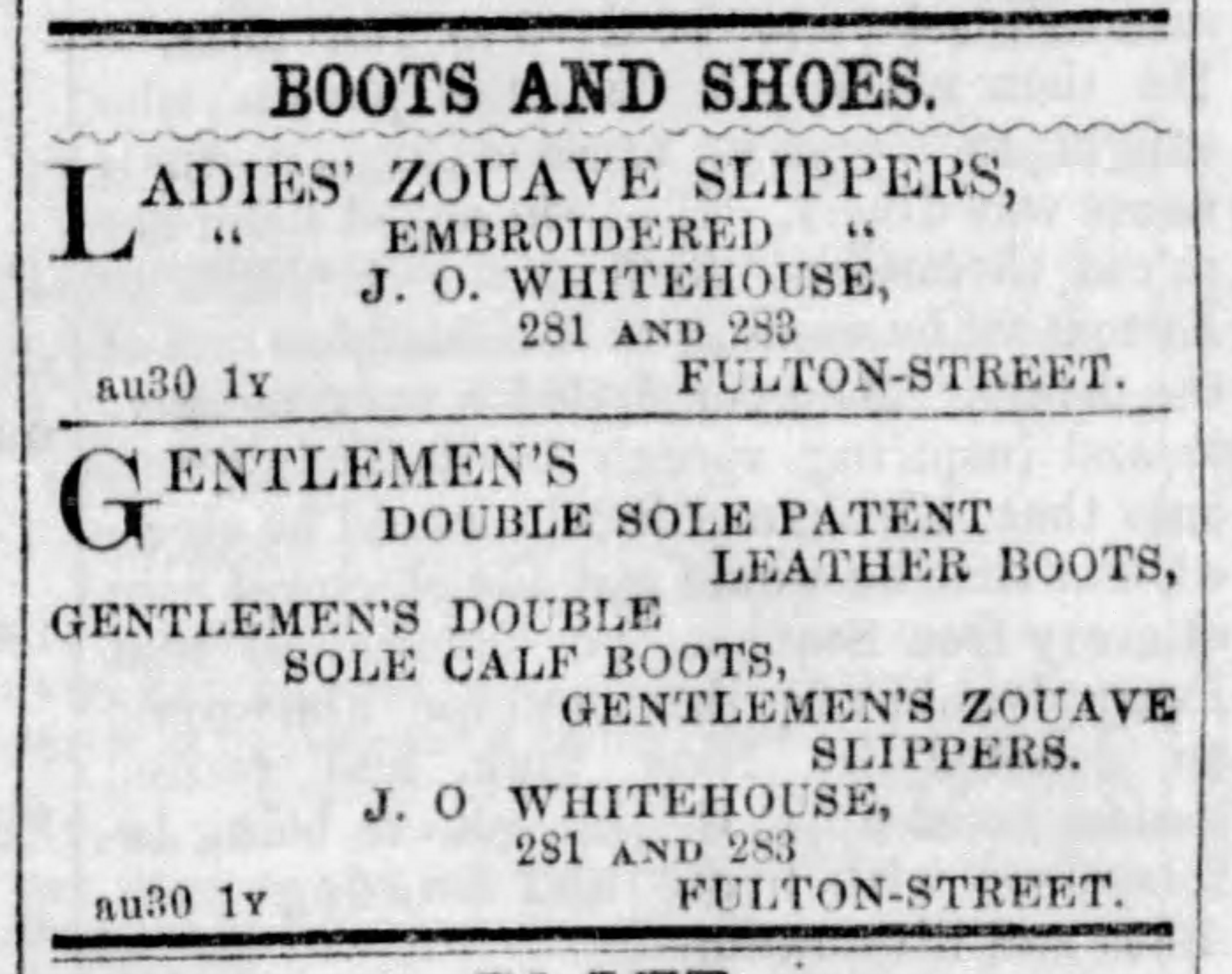 Brooklyn Evening Star, October 27, 1860. Ladies and Gentlemen's Zouave Slippers.