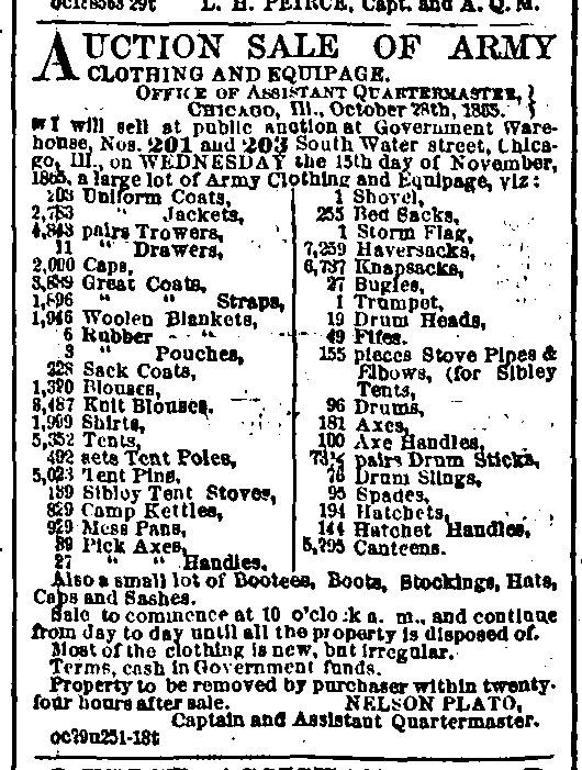 Auction of army supplies in 1865 including knit blouses