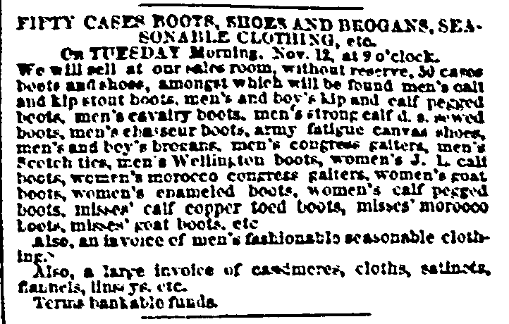 Daily Missouri Republican, November 12, 1861, "Army fatigue canvas shoes"