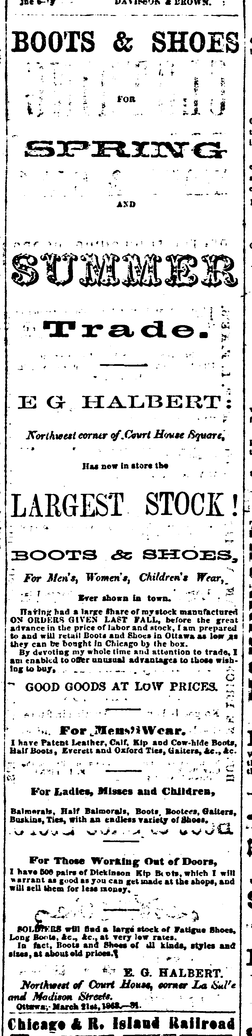Ottawa Free Trader, August 29, 1863, "soldiers will find a large stock of fatigue shoes"
