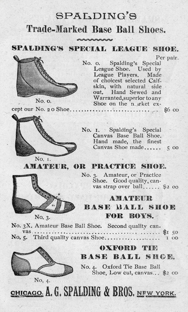 Spalding's variety of baseball shoes offered.