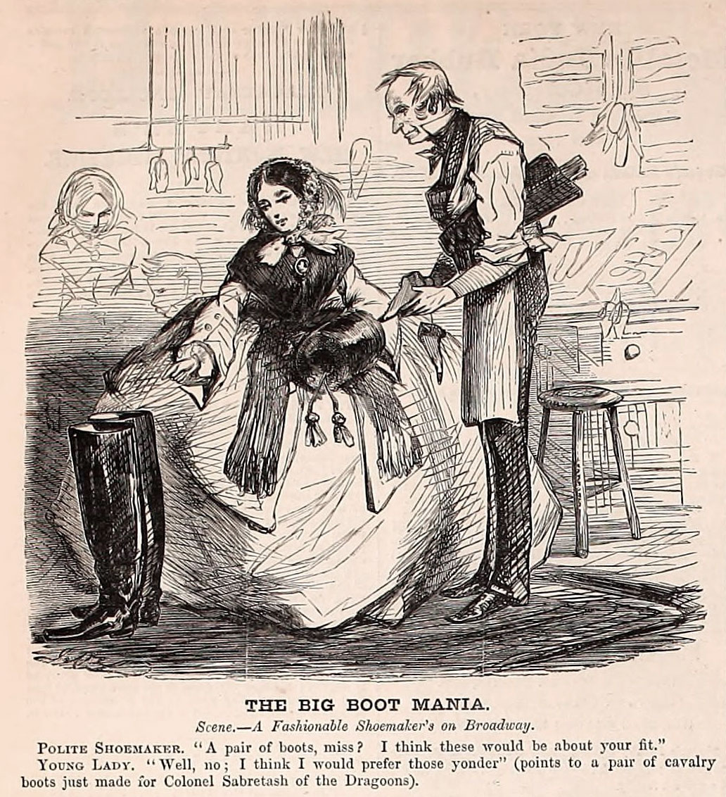 Harper's Weekly February 11, 1860, highlight the boot craze of the 1850's.